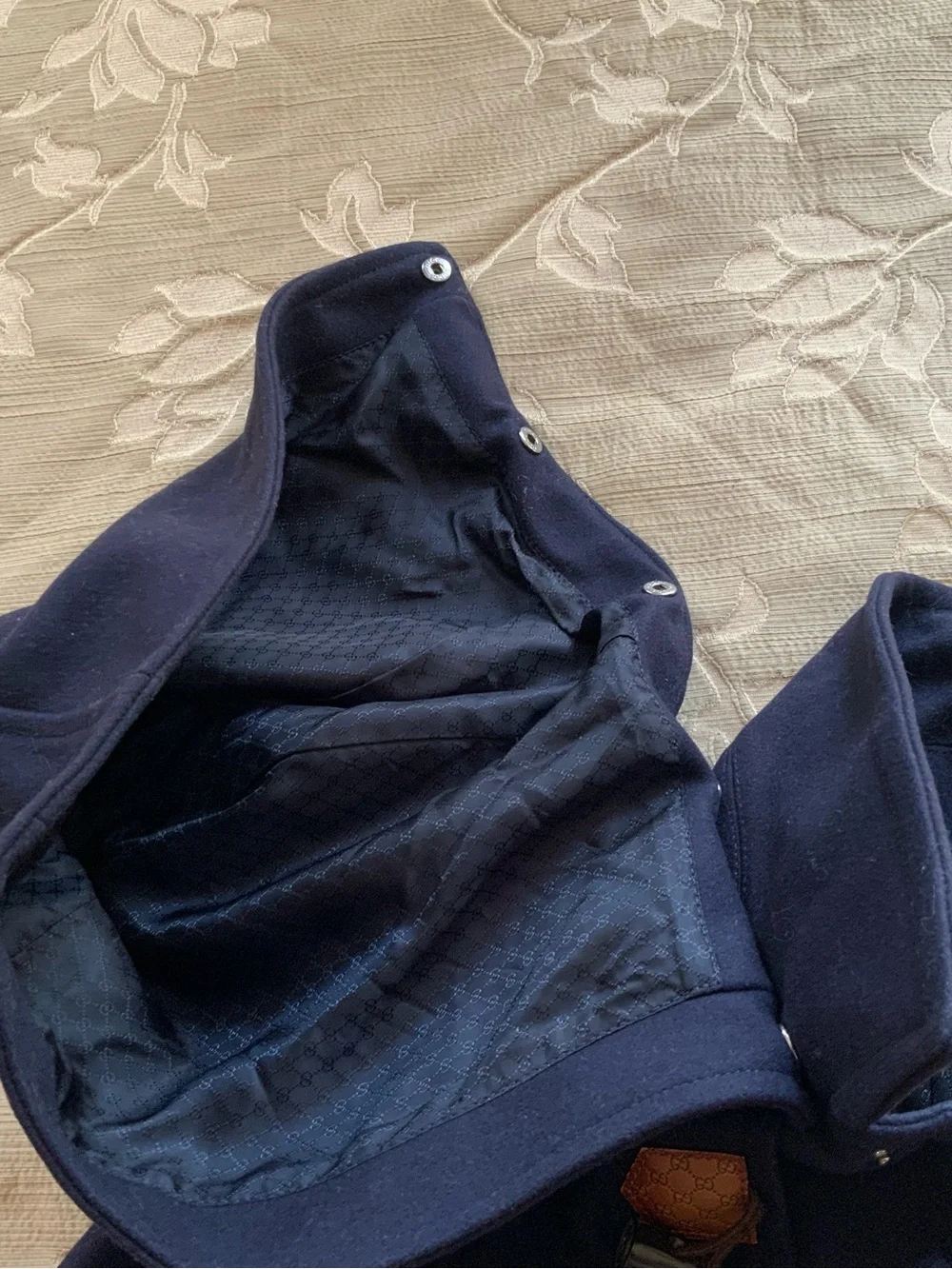 GUCCI Kids Navy Wool Duffle Coat Leather GG Pattern Toggles Hooded Size 5 Italy